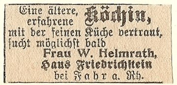 Neuwieder Zeitung 9. Januar 1917 - Stellenangebot für Haus Friedrichstein (ex Villa Roentgen)