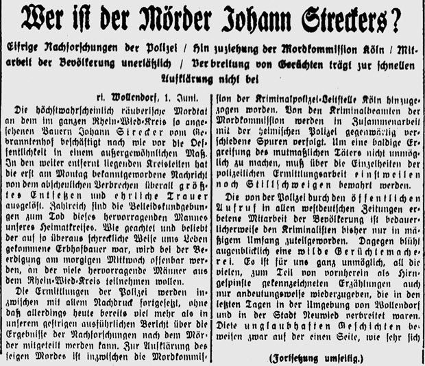 Zeitungsartikel über den Mord an Johann Strecker
